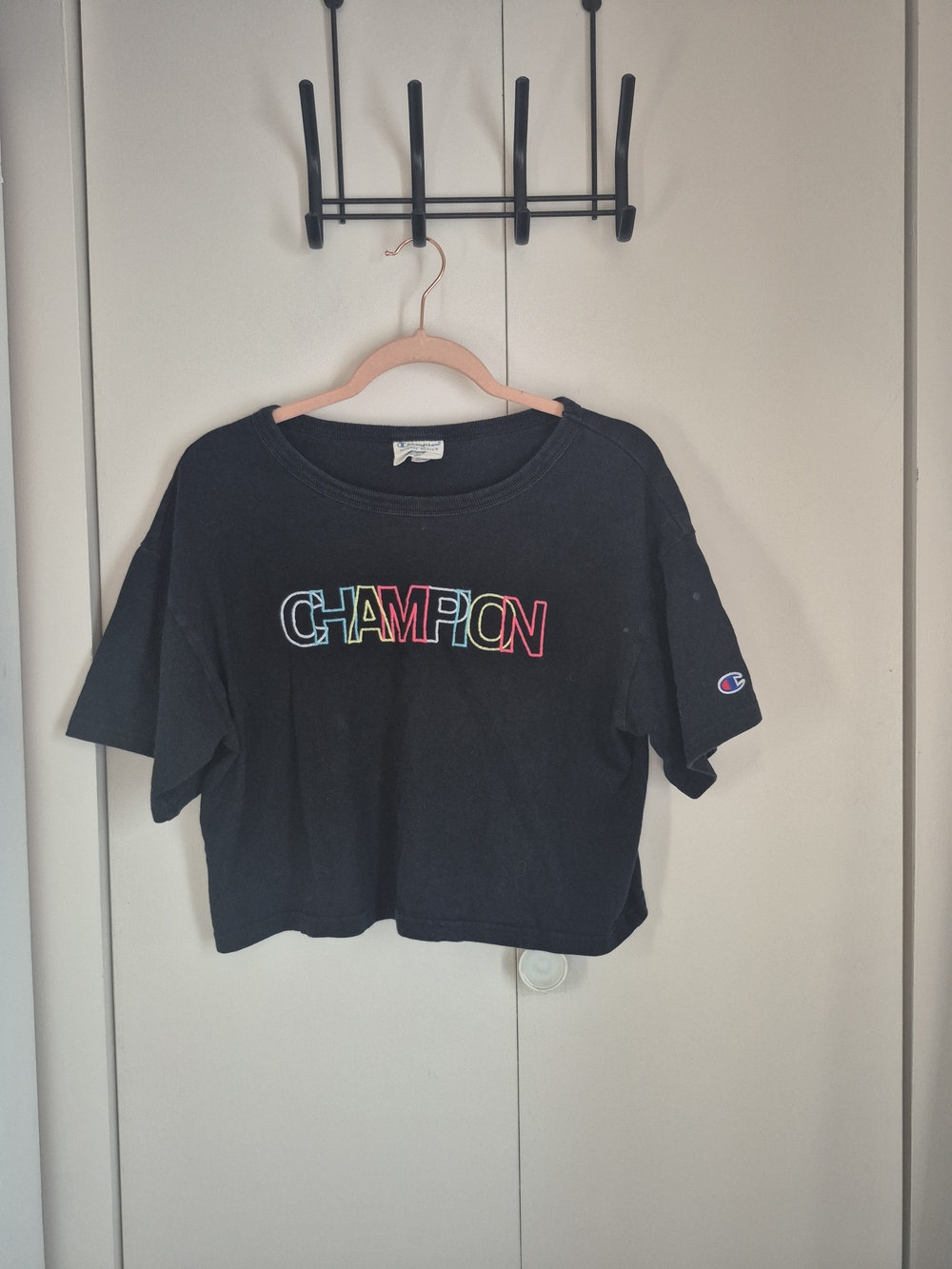 Champion Black Tee with Multicolor Embroidered Logo